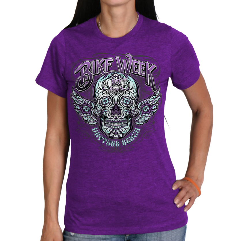 LIMITED DAYTONA BEACH ANTIQUE SUGAR SKULL LADIES T-SHIRT