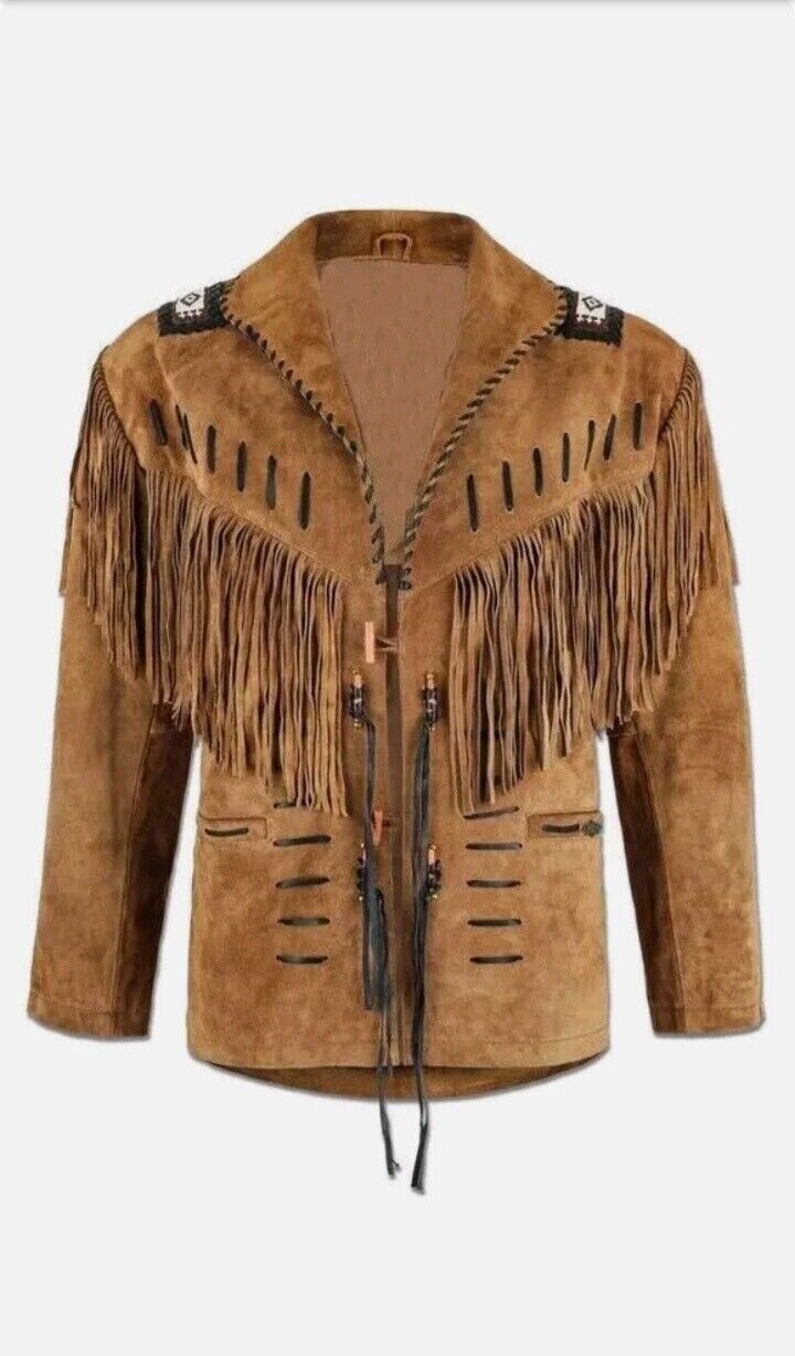 Men's Western Arizona Cowboy Leather Jacket Real Suede Fringe Beaded Native American Coat