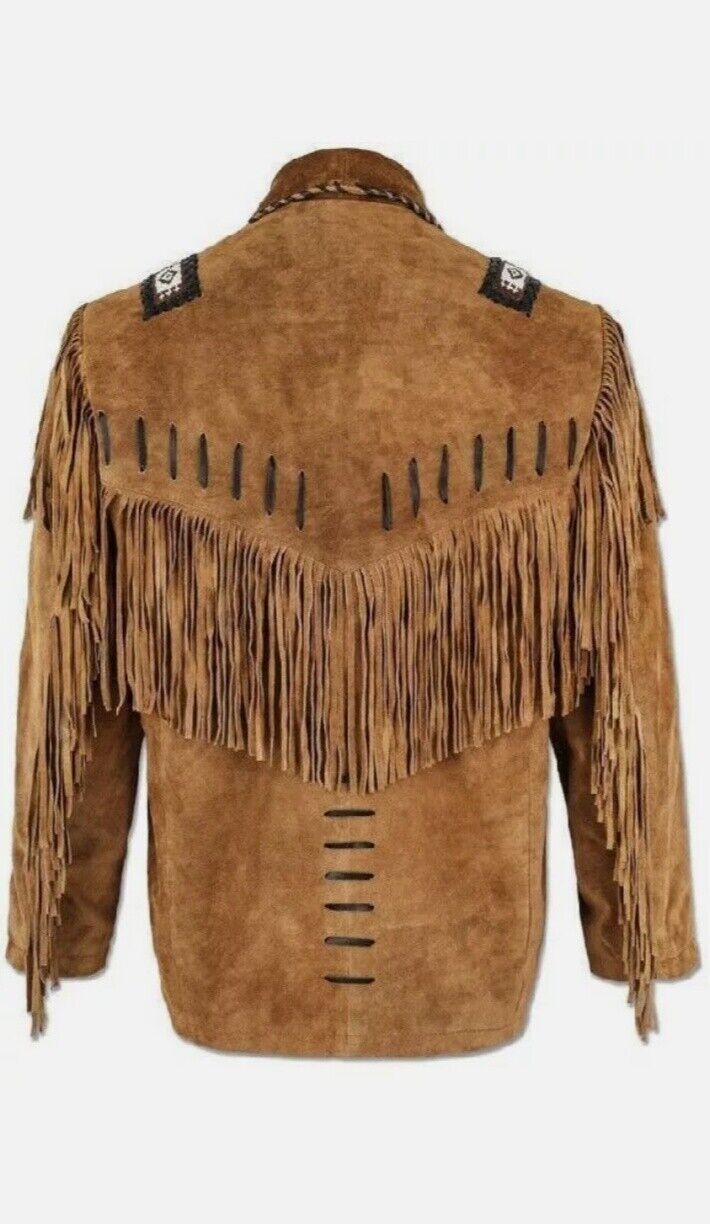 Men's Western Arizona Cowboy Leather Jacket Real Suede Fringe Beaded Native American Coat