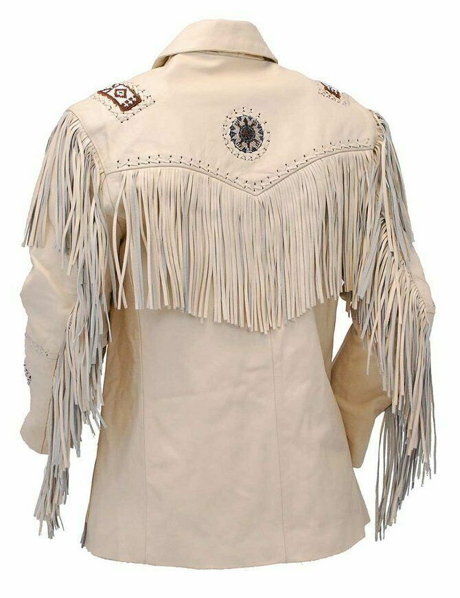 Men's Ivory Bone Western Native Cowboy Real Leather Jacket With Fringe Beaded Jacket