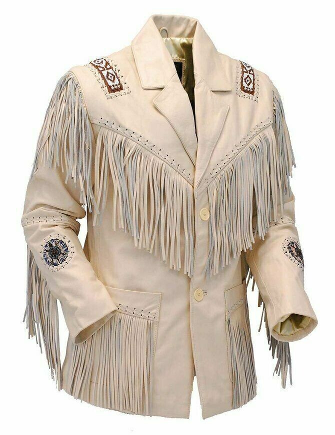 Men's Ivory Bone Western Native Cowboy Real Leather Jacket With Fringe Beaded Jacket