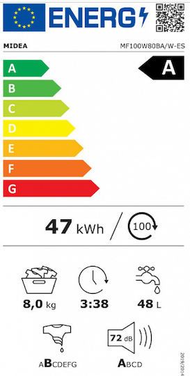 Midea MF100W80BA/W-GR Πλυντήριο Ρούχων 8kg 1400 Στροφών Health Guard
