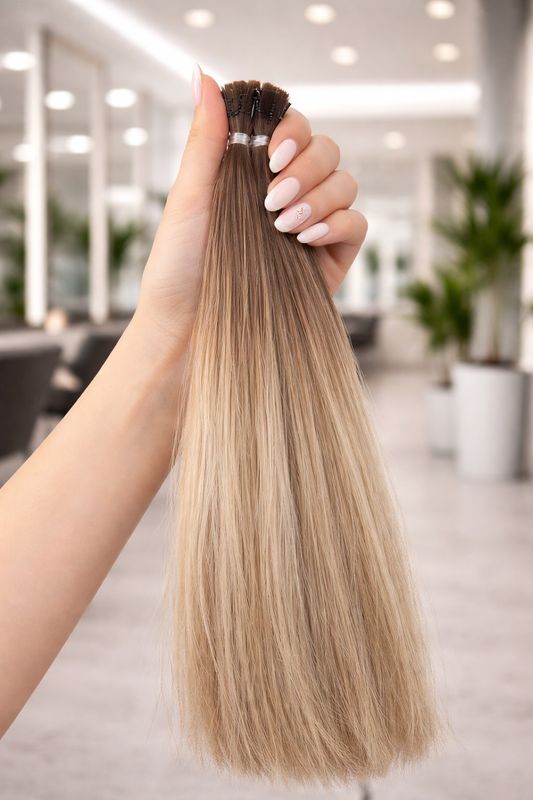 Deluxe Echthaar ROOT Mini  Nr.4 Mittelbraun auf Nr. 7 Dunkelblond