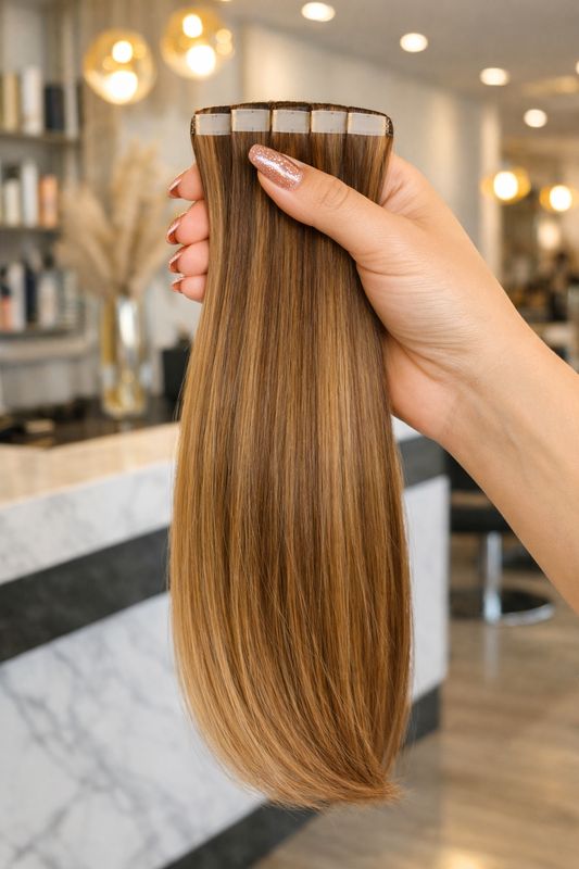 Osteuropäische Tape in Extensions Gesträhnt Nr. Latte Brown Root