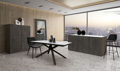 Tavolo Allungabile Sergio  con base in metallo e piano laminato Statuario