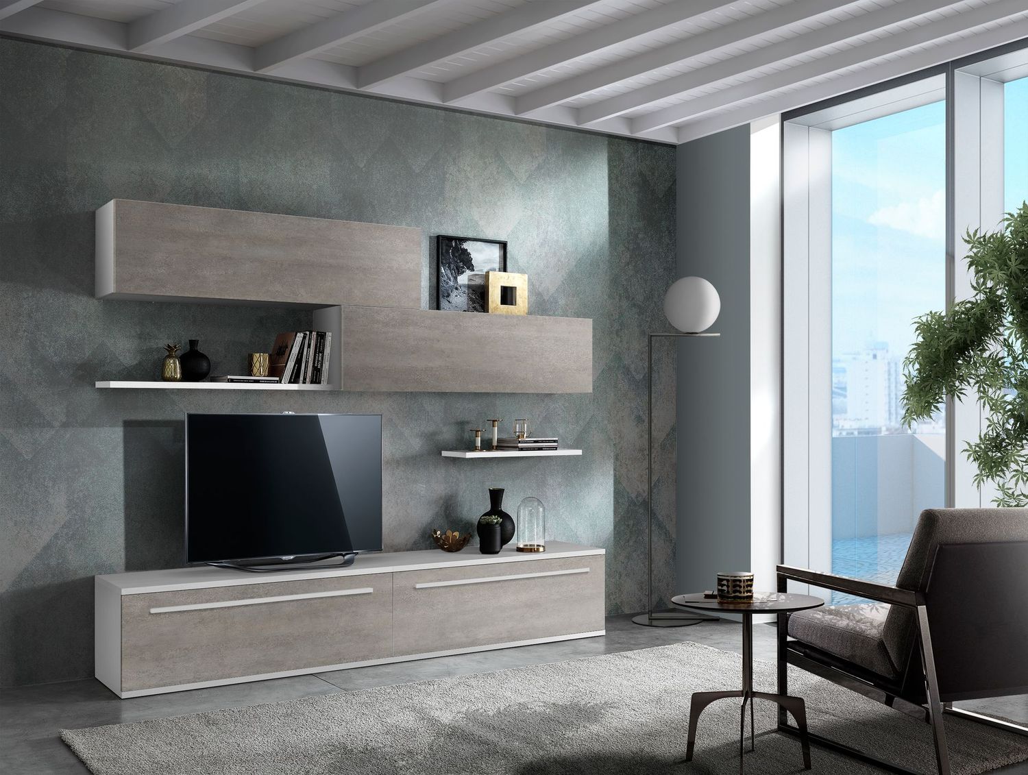Composizione Soggiorno in Laminato Bianco Frassinato e Cemento