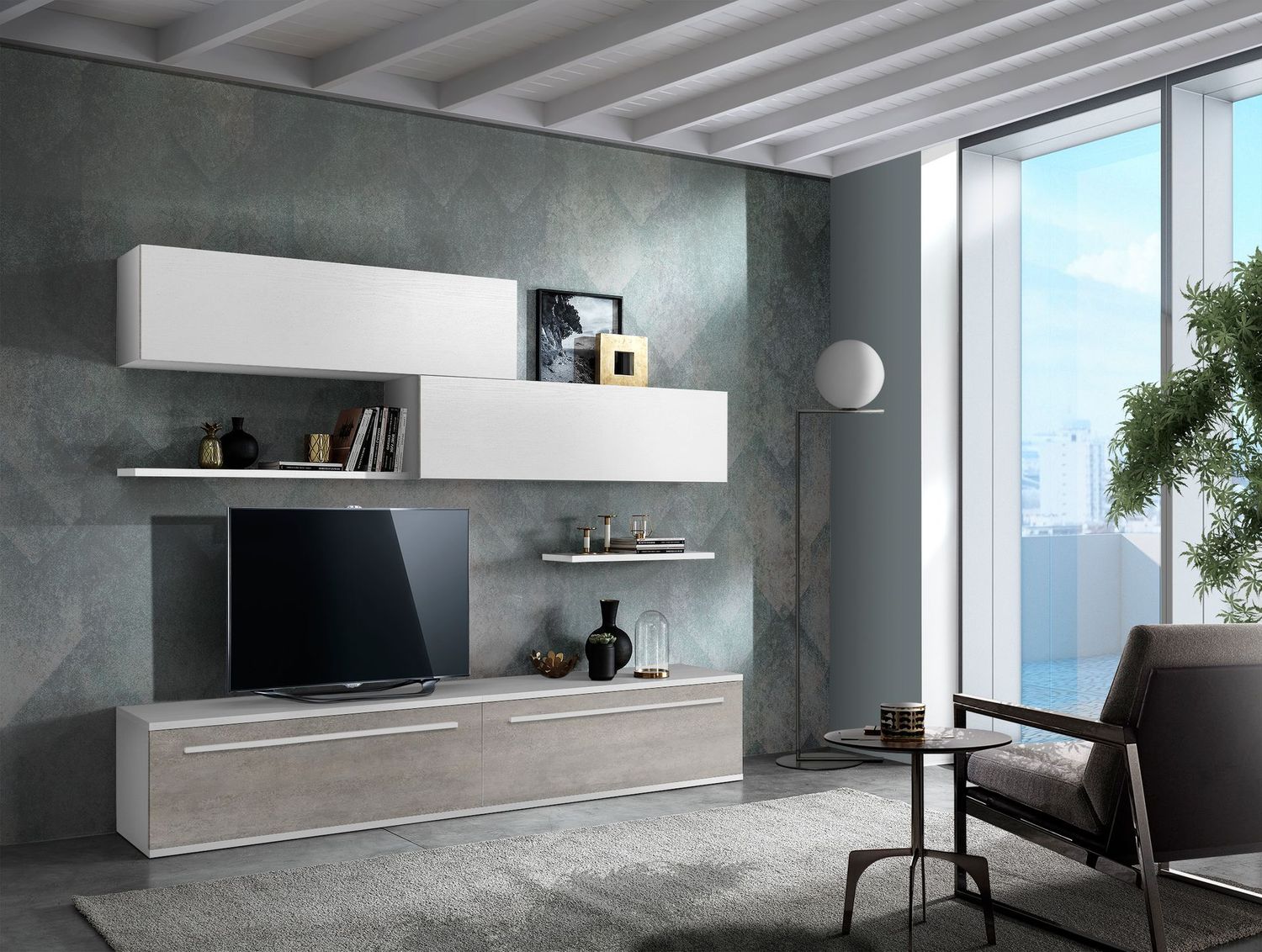 Composizione Soggiorno in Laminato Bianco Frassinato e Cemento