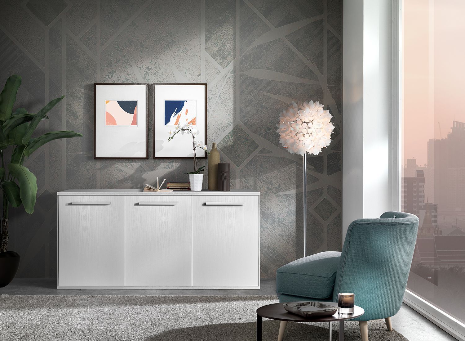 Madia a 3 ante in Laminato Colore Bianco Frassinato