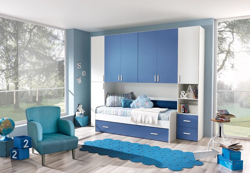 Cameretta a Ponte in Laminato Colore Bianco Frassinato e Blu Cameretta a Ponte in Laminato Colore Bianco Frassinato e Blu