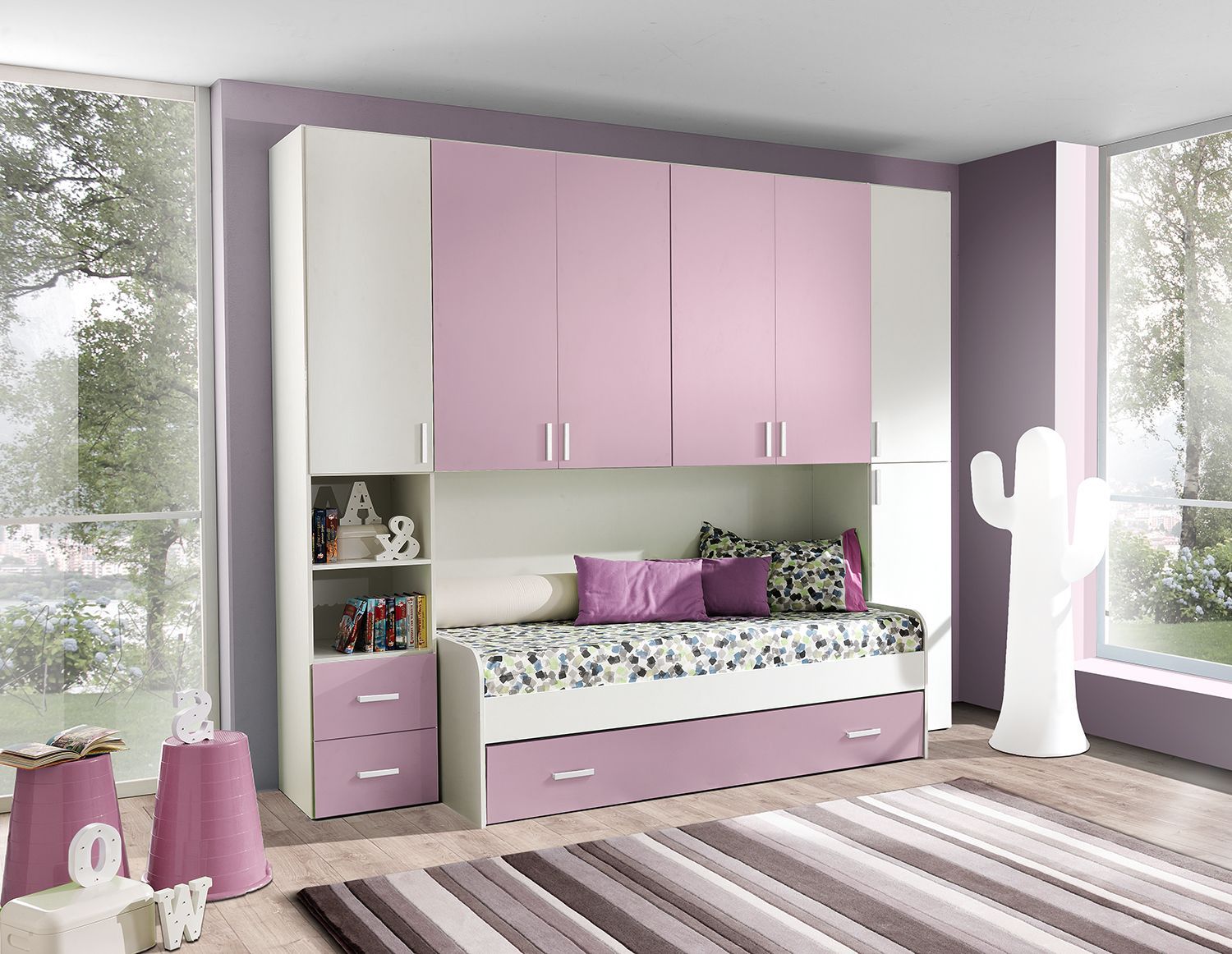 Cameretta a Ponte in Laminato Colore Bianco Frassinato e Lilla