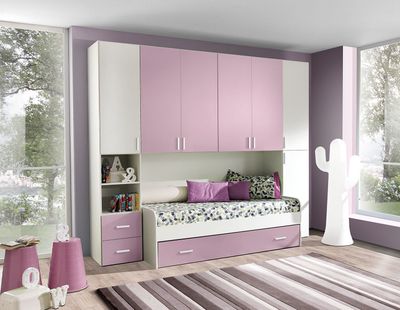 Cameretta a Ponte in Laminato Colore Bianco Frassinato e Lilla Cameretta a Ponte in Laminato Colore Bianco Frassinato e Lilla