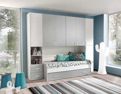 Cameretta a Ponte in Laminato Colore Bianco Frassinato e Grigio Cameretta a Ponte in Laminato Colore Bianco Frassinato e Grigio