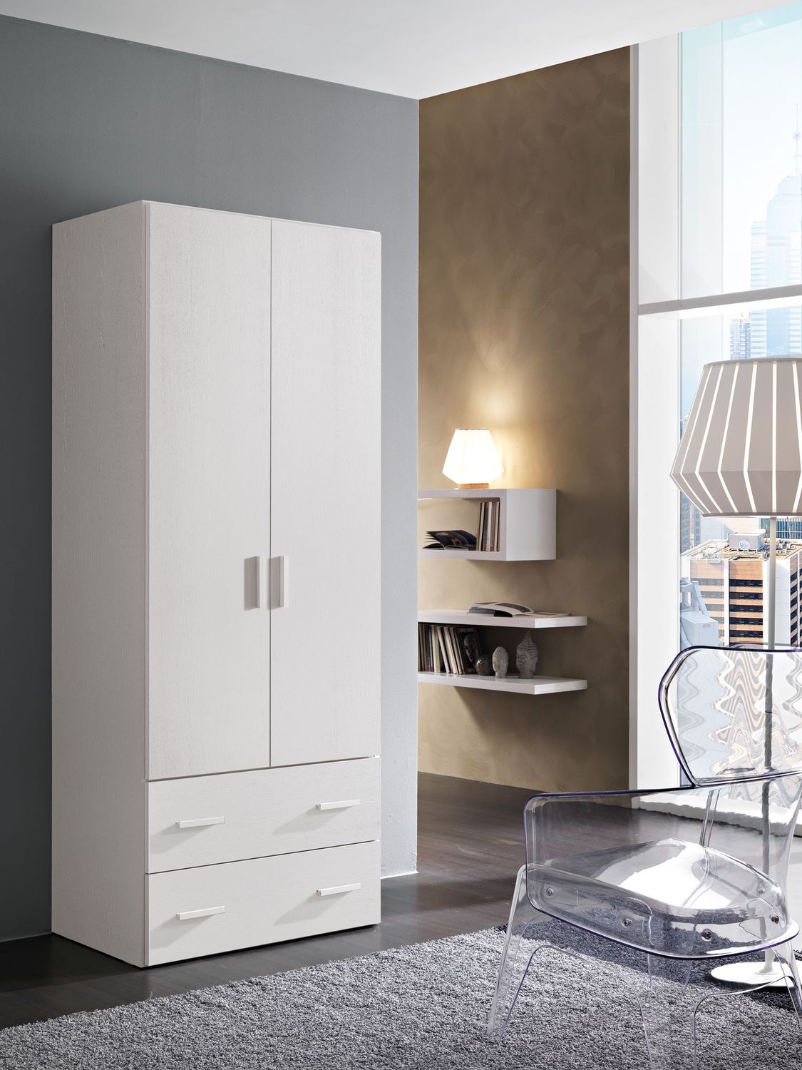 Armadio 2 Ante e 2 Cassetti in Laminato Colore Bianco Frassinato,ALTEZZA 211CM