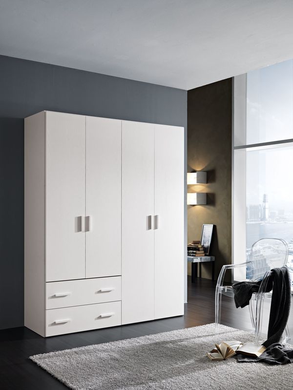 Armadio a 4 Ante e 2 Cassetti in Laminato Colore Bianco Frassinato