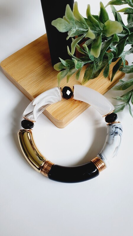 Bohemian Inspired Bracelet in Black, White &amp; Gold with Black Beads