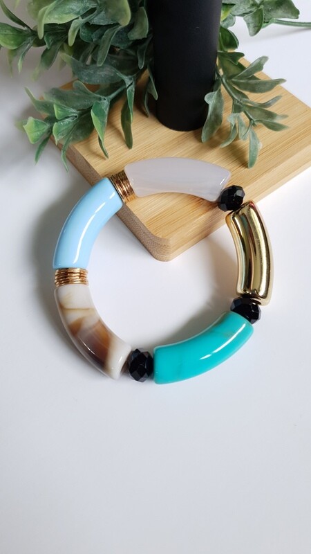 Bohemian Inspired Bracelet in Turquoise, Black &amp; Gold with Black Beads