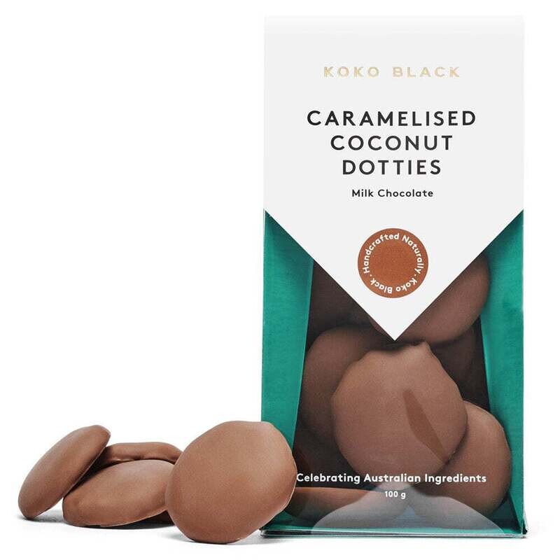 Koko Black Caramelised Coconut Dotties Milk Chocolate 100g