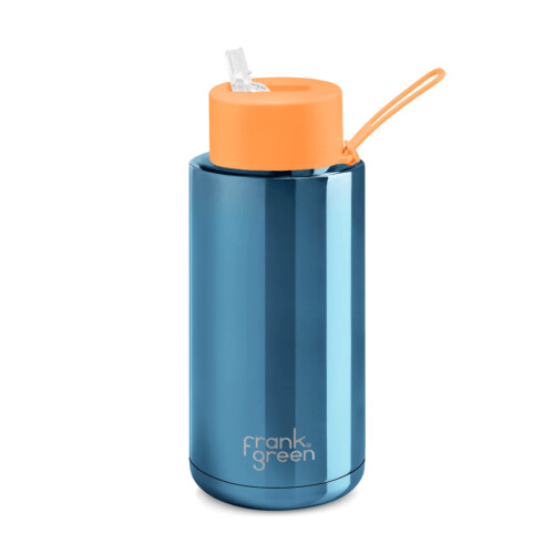 Frank Green  Straw Lid 1L Chrome Blue & Neon Orange Ceramic Reusable Bottle