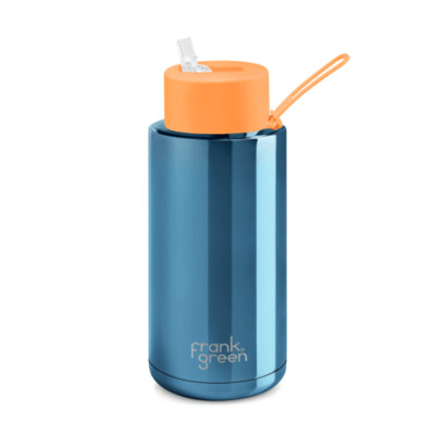 Frank Green Straw Lid 1L Chrome Blue & Neon Orange Ceramic Reusable Bottle