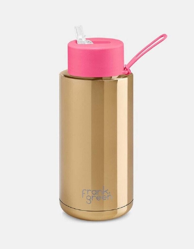 Frank Green  Straw Lid 1L Chrome Gold & Neon Pink Ceramic Reusable Bottle
