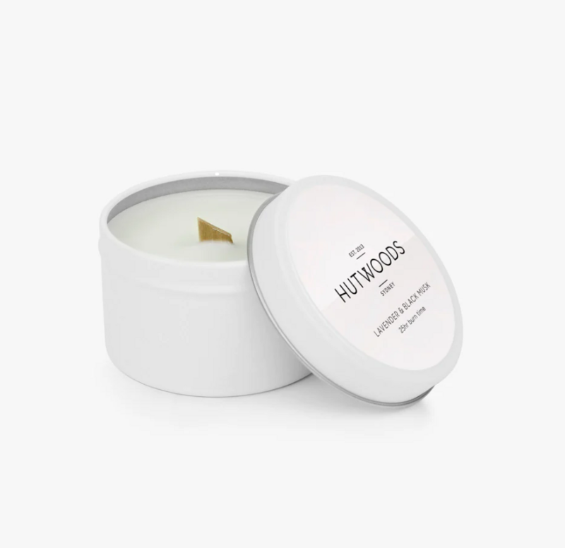 Hutwoods -  Lavender & Black Musk, Travel Candle, 25 hour Burn Time