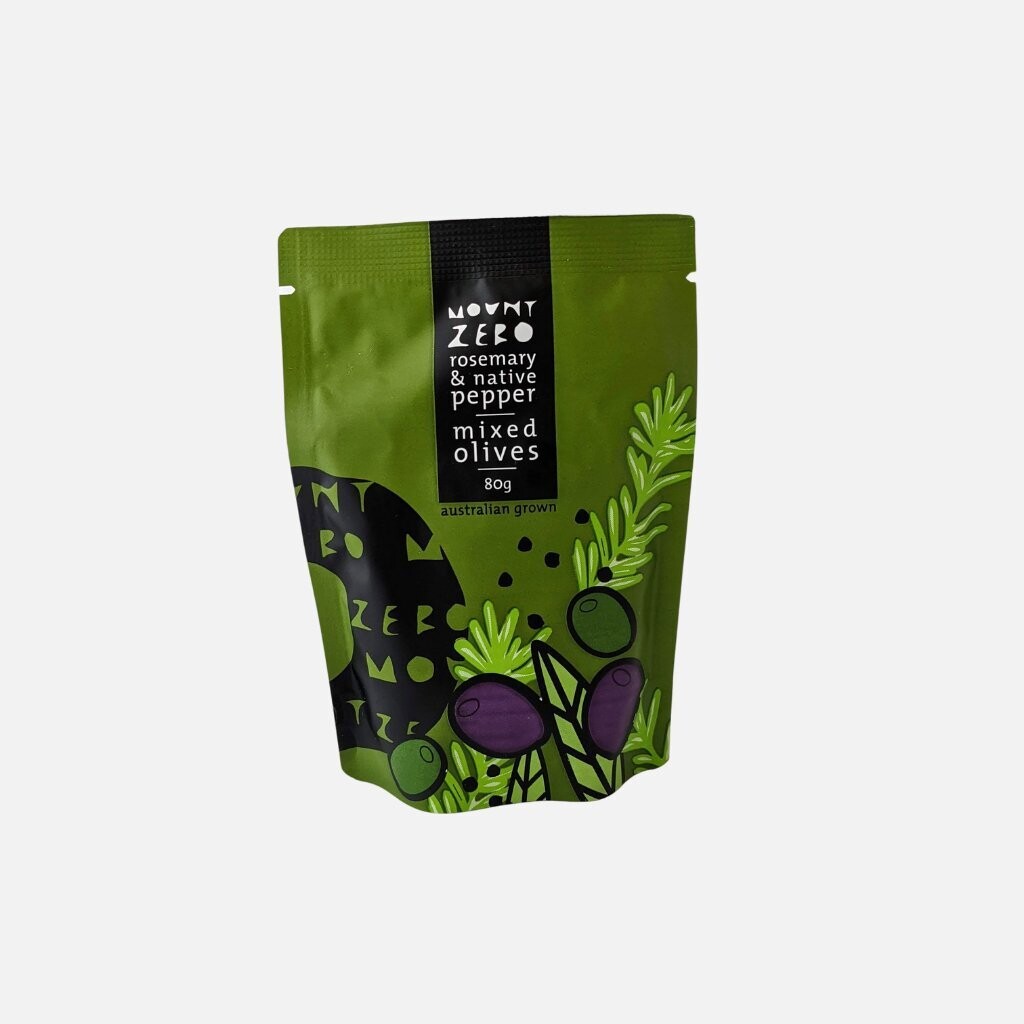 Mount Zero Rosemary & Native Pepper Mixed Olives 80g Mount Zero Rosemary & Native Pepper Mixed Olives 80g