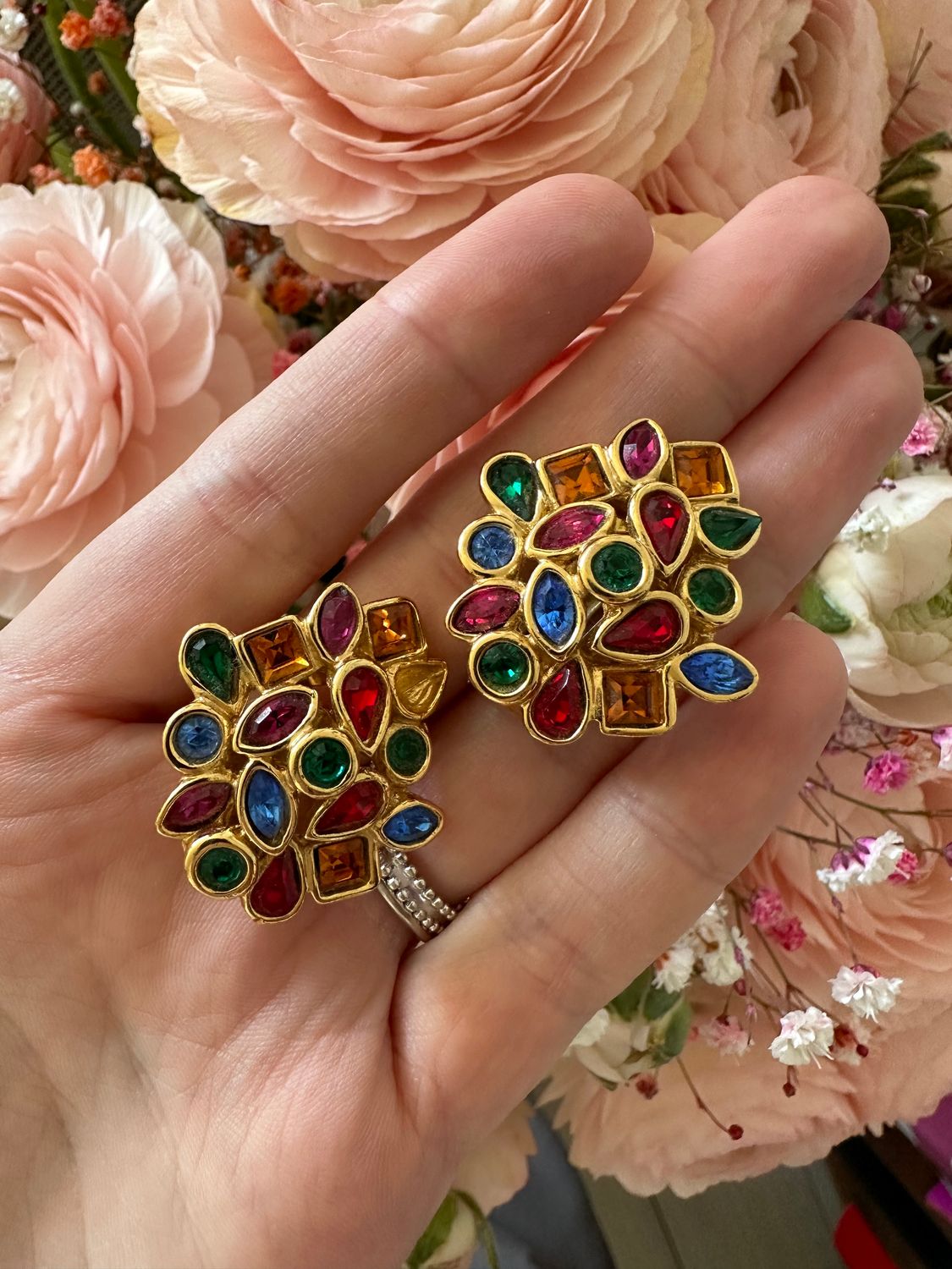 YSL earrings with multicolor rhinestones by Robert Goossens, 1980s
