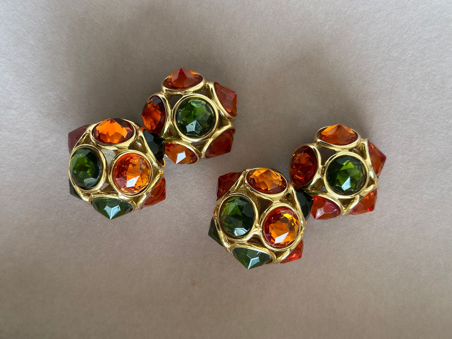 Yves Saint Laurent Orange/Green Crystal Earrings by Robert Goossens 1990s