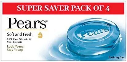 Pears Soft &amp; Fresh Bathing Bar with 98% Pure Glycerine &amp; Mint Extracts - For Fresh Glow (125g x 4)