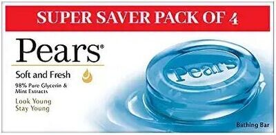 Pears Soft &amp; Fresh Bathing Bar with 98% Pure Glycerine &amp; Mint Extracts - For Fresh Glow (125g x 4)
