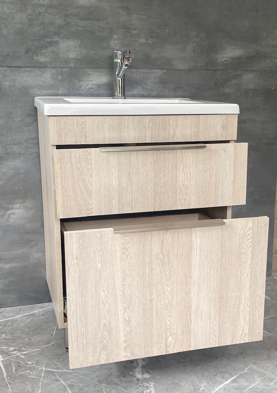 TAO-600 Floor Standing Cabinet &amp; Basin. with silver handles &amp; legs.