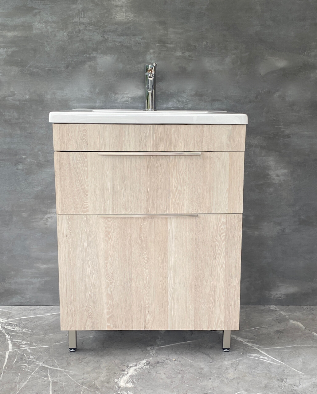 TAO-600 Floor Standing Cabinet &amp; Basin. with silver handles &amp; legs.