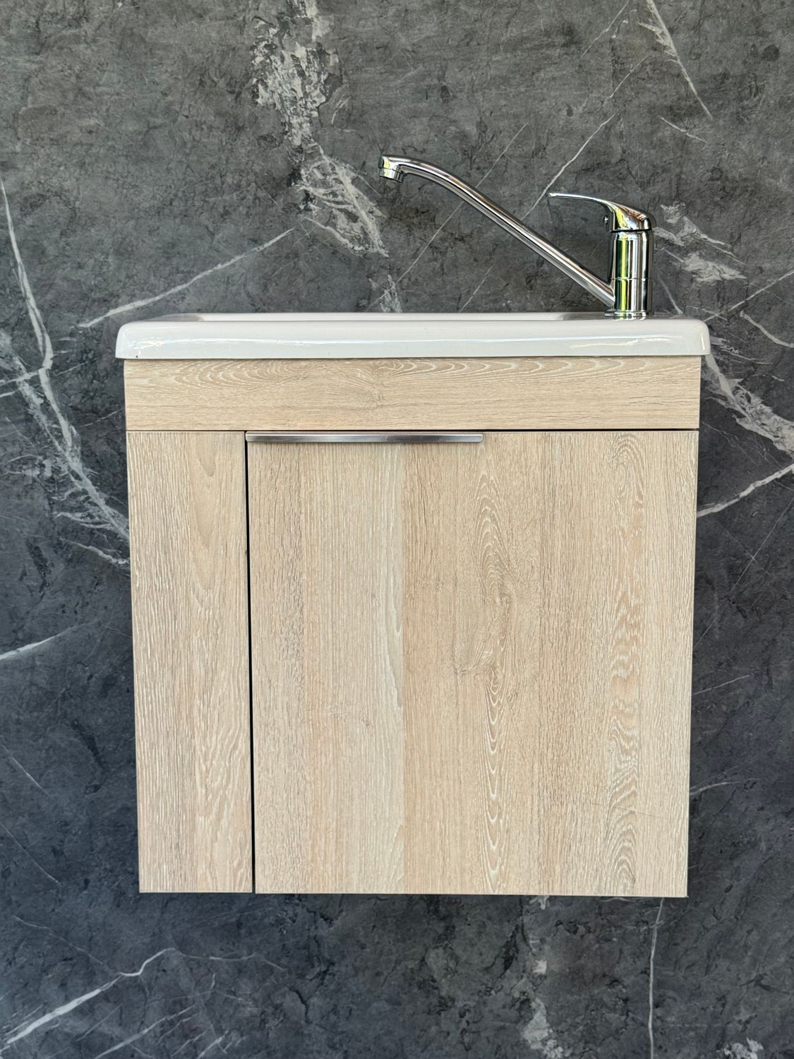 ELIN-500 Wall Mounted Cabinet &amp; Basin with silver handle.