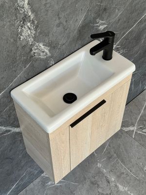 ELIN-500 Wall Mounted Cabinet &amp; Basin with black handle.