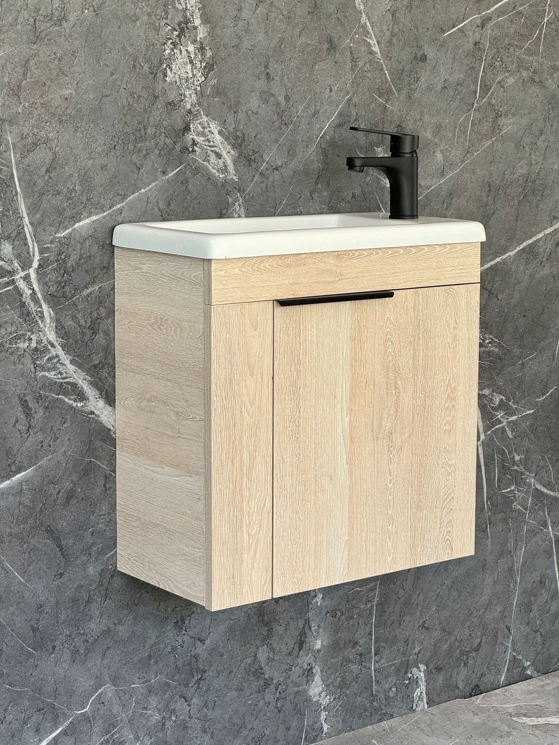 ELIN-500 Wall Mounted Cabinet &amp; Basin with black handle.