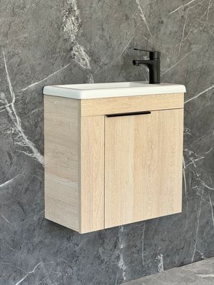 ELIN-500 Wall Mounted Cabinet &amp; Basin with black handle.