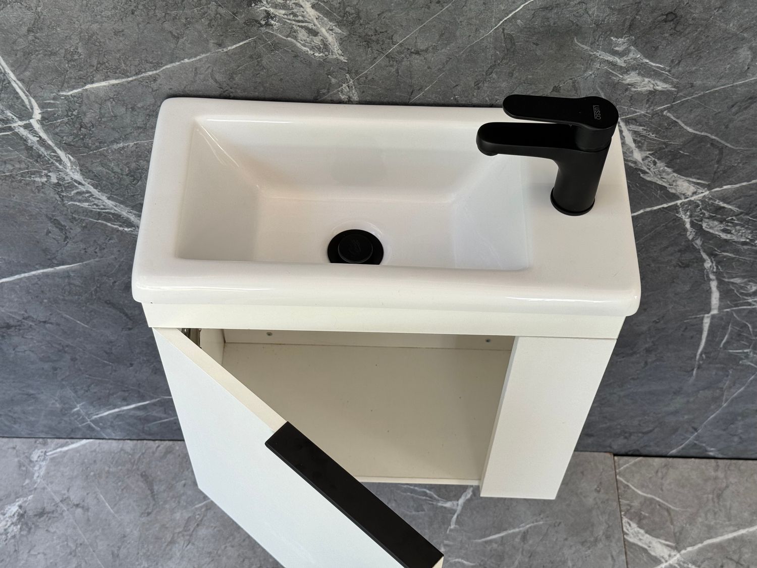 ELIN-500 Wall Mounted Cabinet &amp; Basin with black handle.