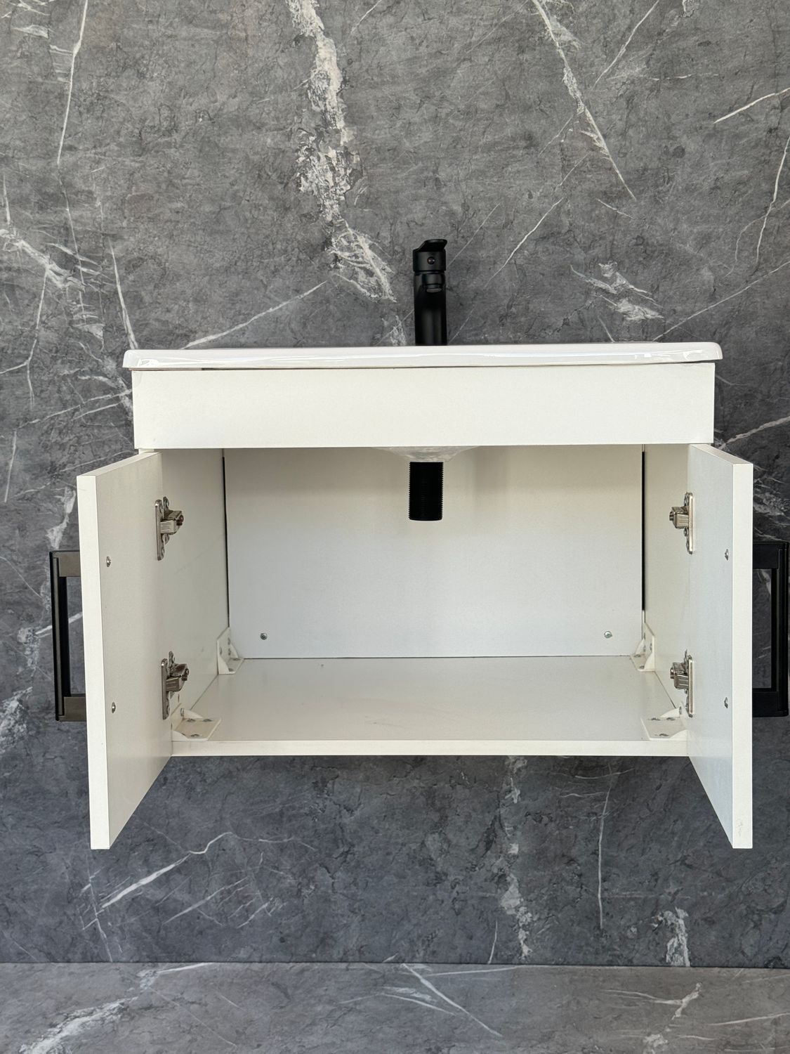 OASIS-600 Wall Mounted Cabinet &amp; Basin with black handles.