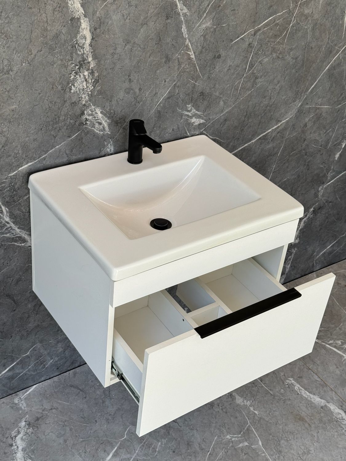 KUDO-600 Wall Mounted Cabinet &amp; Basin with black handle.