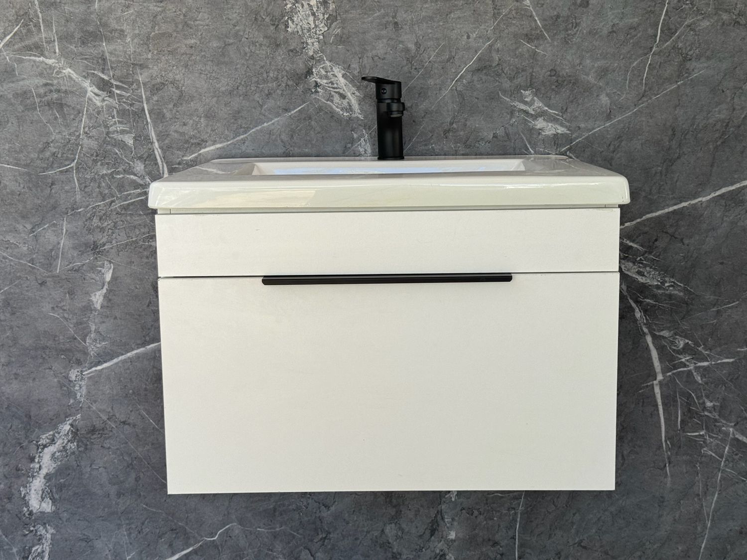 KUDO-600 Wall Mounted Cabinet &amp; Basin with black handle.