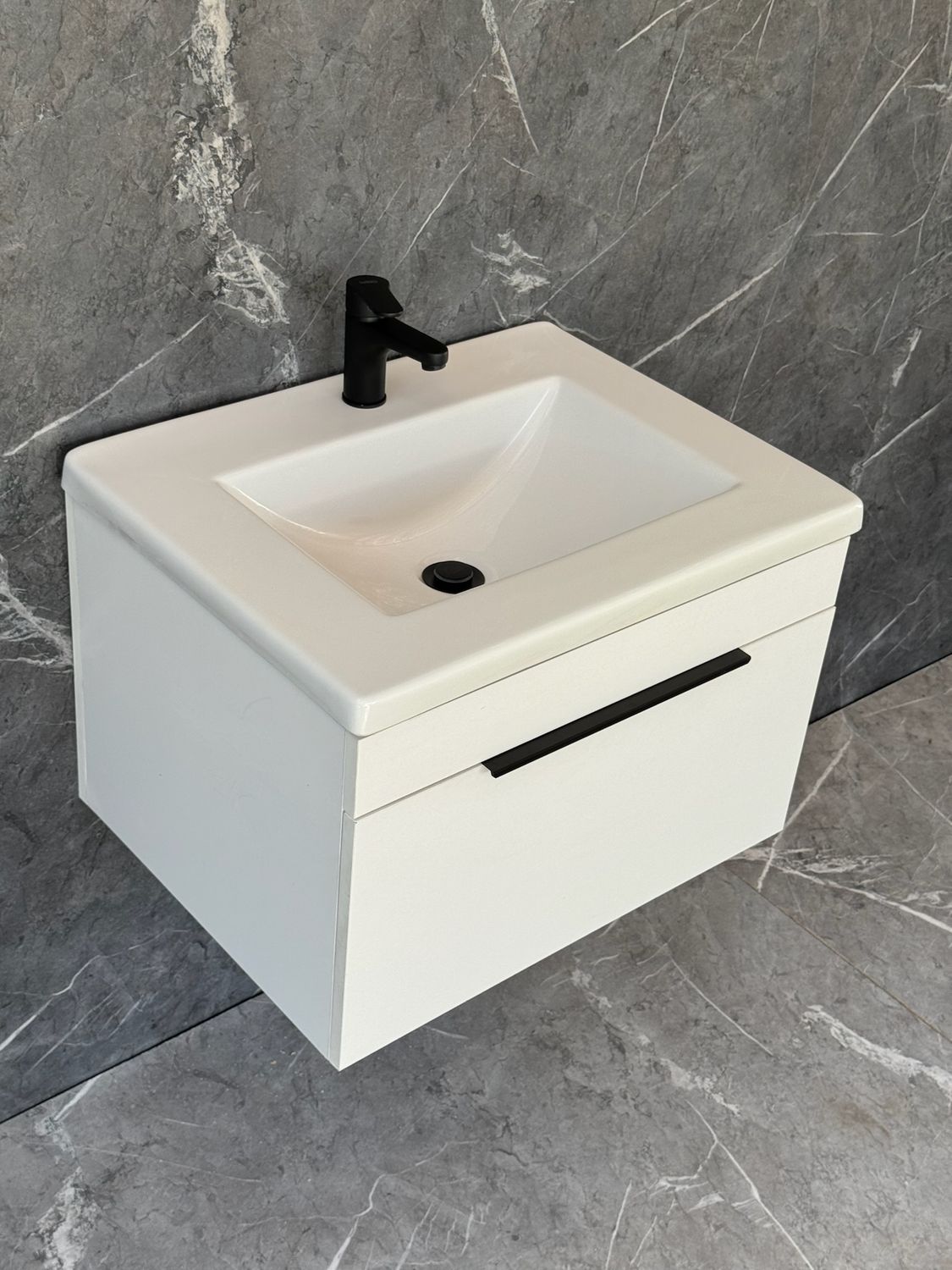 KUDO-600 Wall Mounted Cabinet &amp; Basin with black handle.