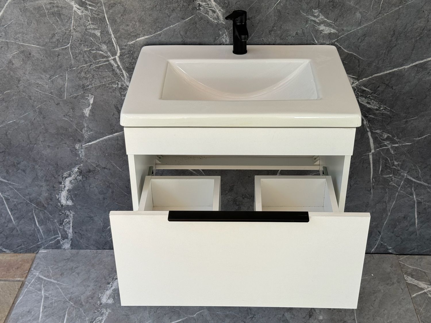 KUDO-600 Wall Mounted Cabinet &amp; Basin with black handle.