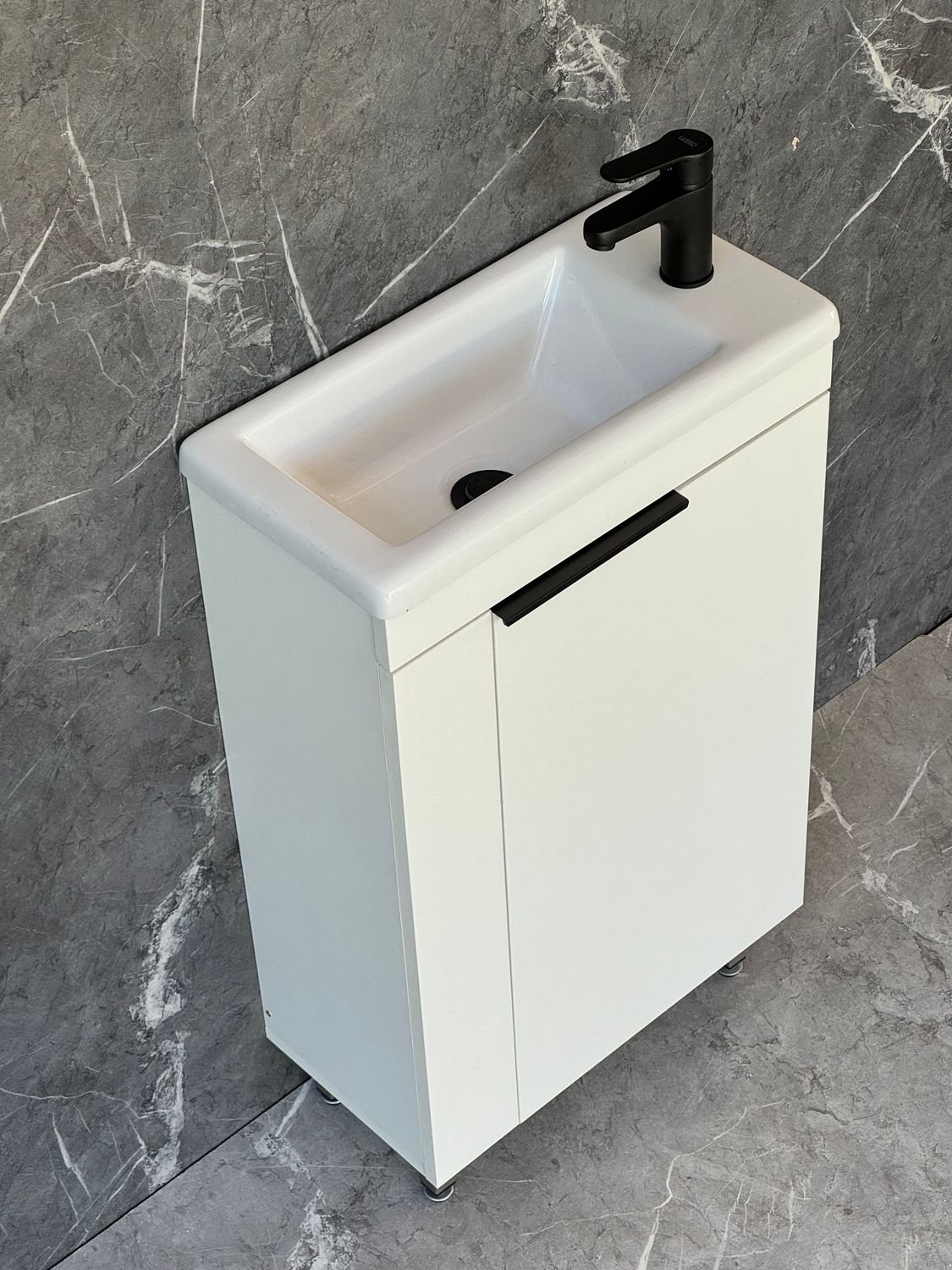 ICALA-500 Floor Standing Cabinet &amp; Basin with black handle &amp; legs.