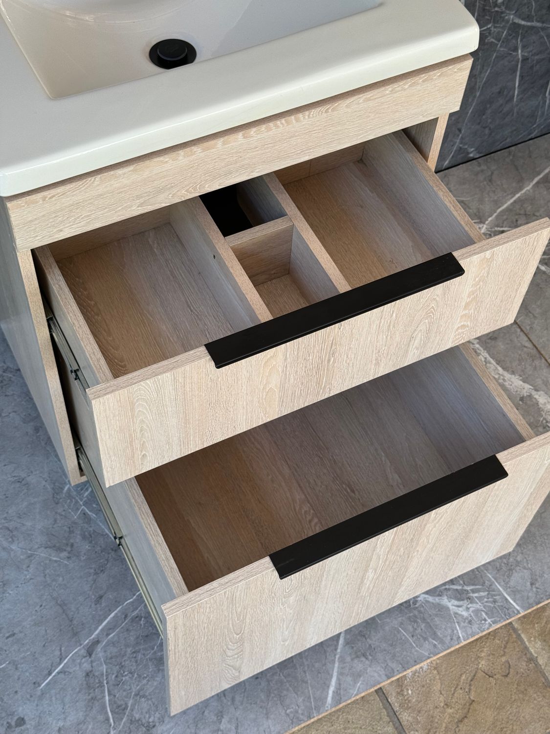 TAO-600 Floor Standing Cabinet &amp; Basin with black handles &amp; legs.