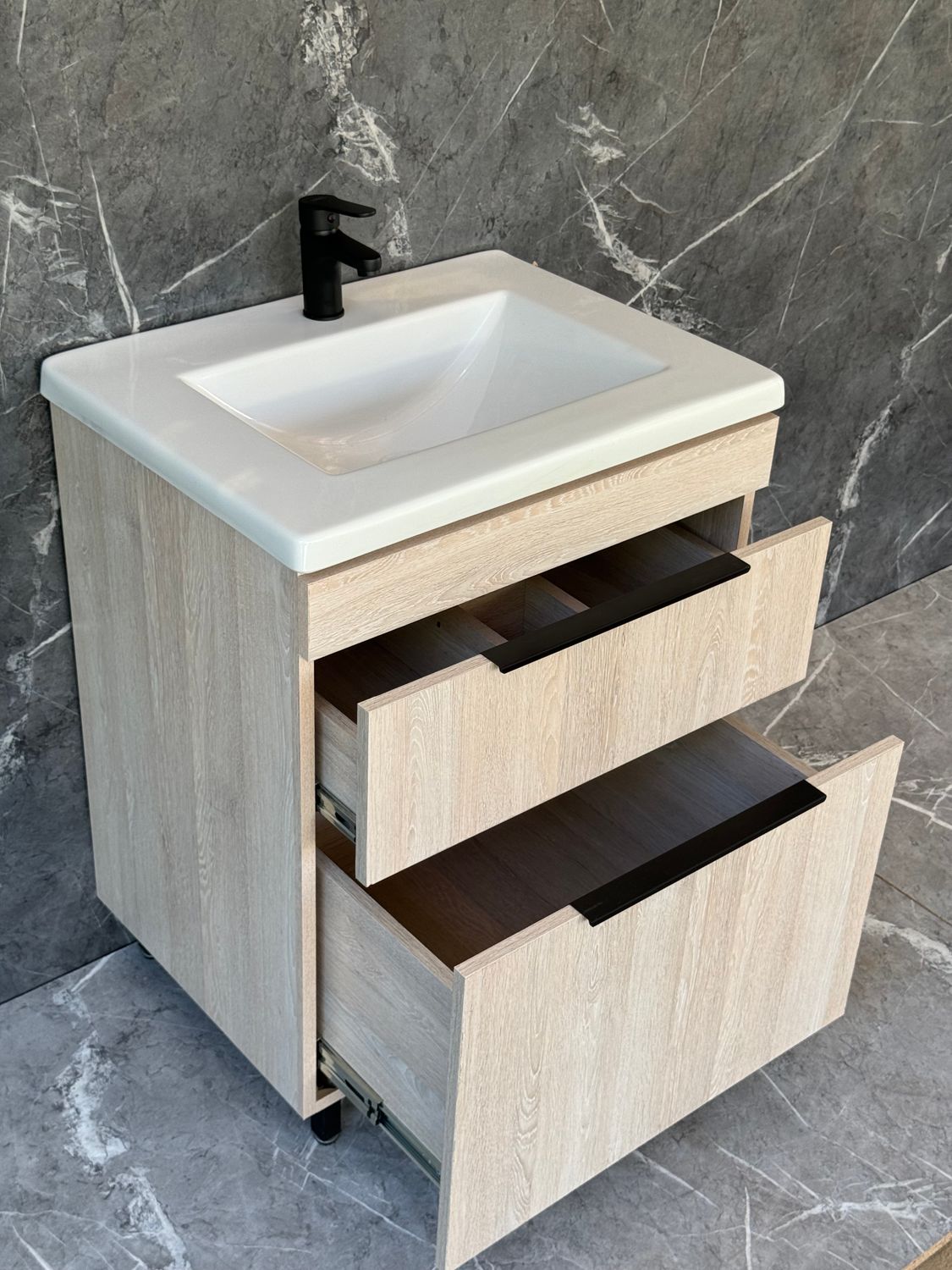 TAO-600 Floor Standing Cabinet &amp; Basin with black handles &amp; legs.