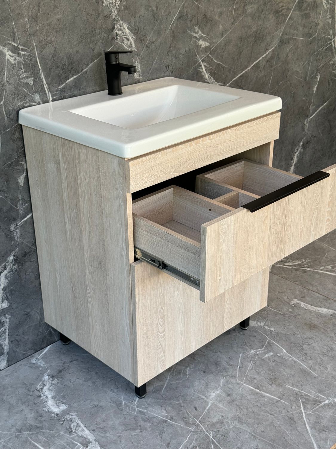 TAO-600 Floor Standing Cabinet &amp; Basin with black handles &amp; legs.
