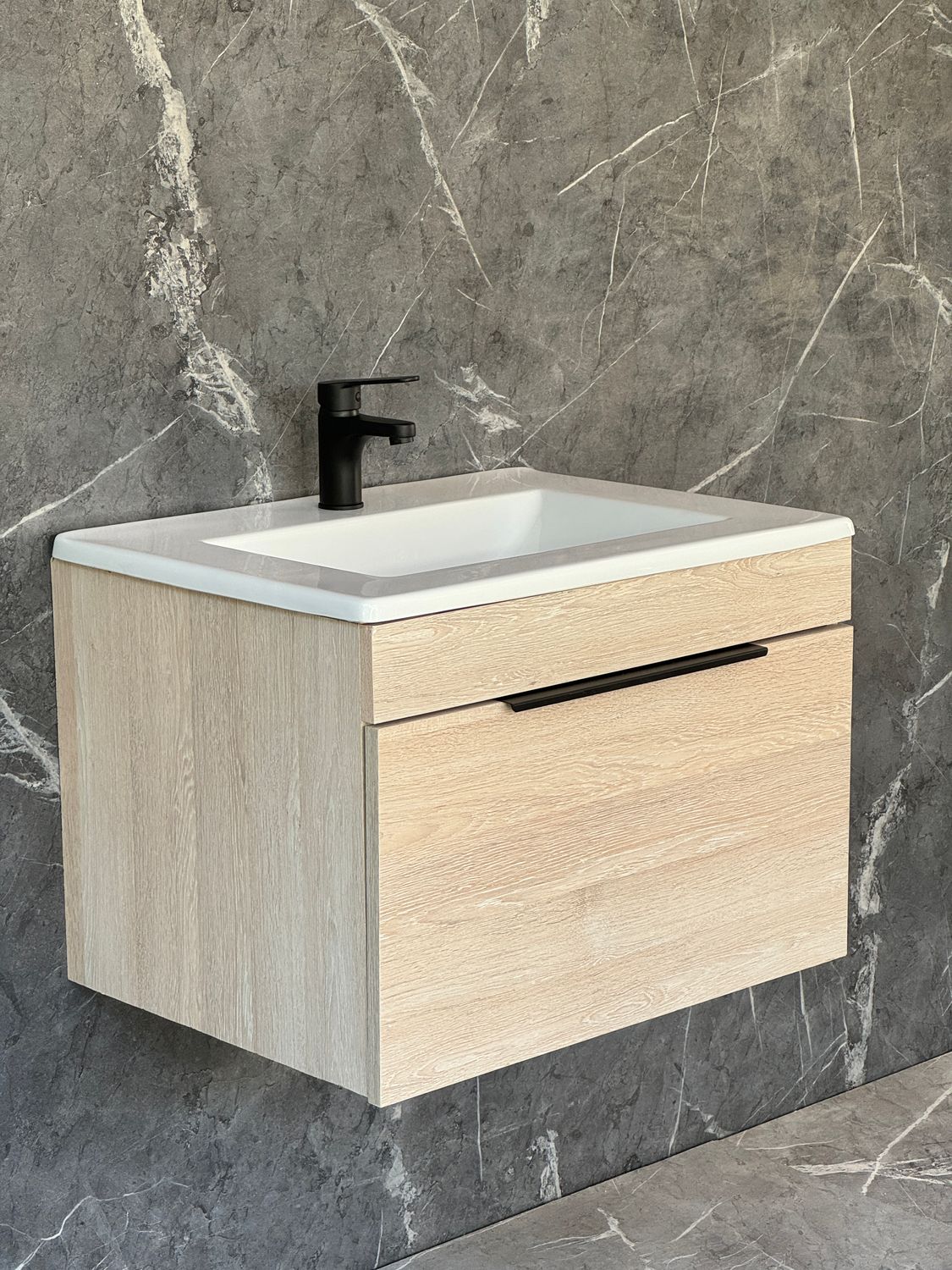 KUDO-600 Wall Mounted Cabinet &amp; Basin with black handle.