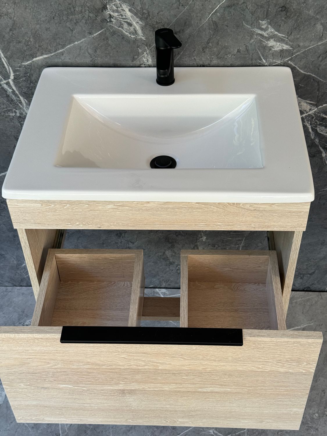 KUDO-600 Wall Mounted Cabinet &amp; Basin with black handle.