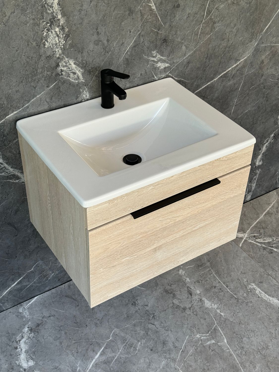 KUDO-600 Wall Mounted Cabinet &amp; Basin with black handle.