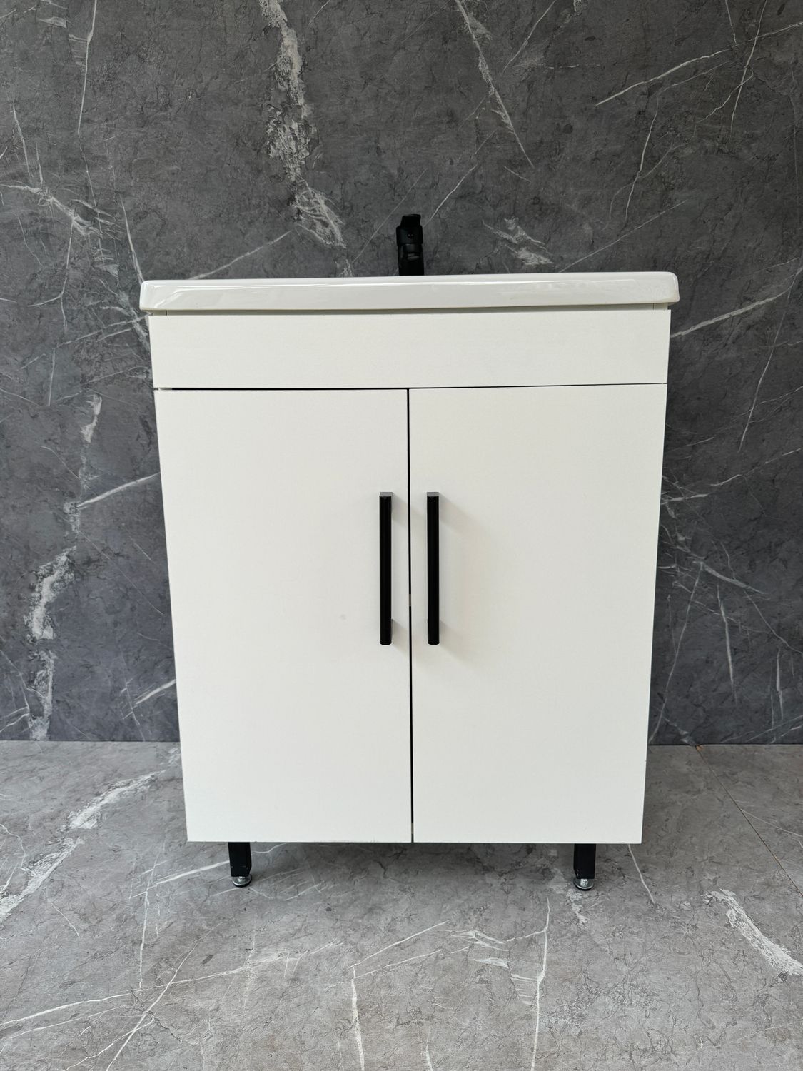 GEZA-600 Floor Standing Cabinet &amp; Basin with black handles &amp; feet.